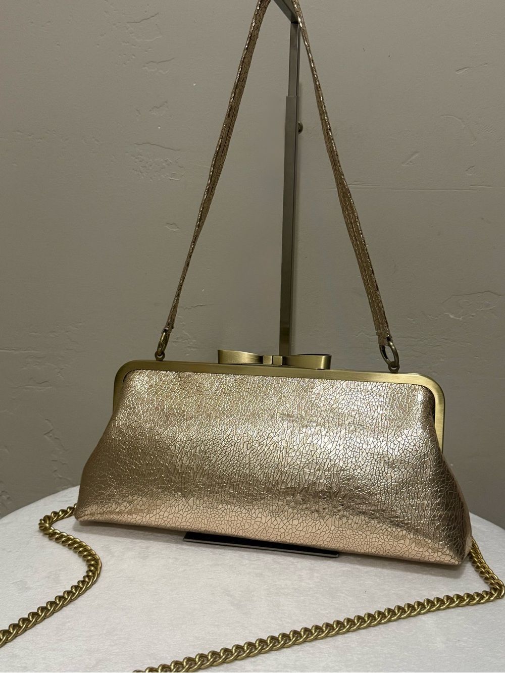 Gold Leather Handmade “Bow” Shaped Kisslock Frame Large Clutch, Baguette Bag